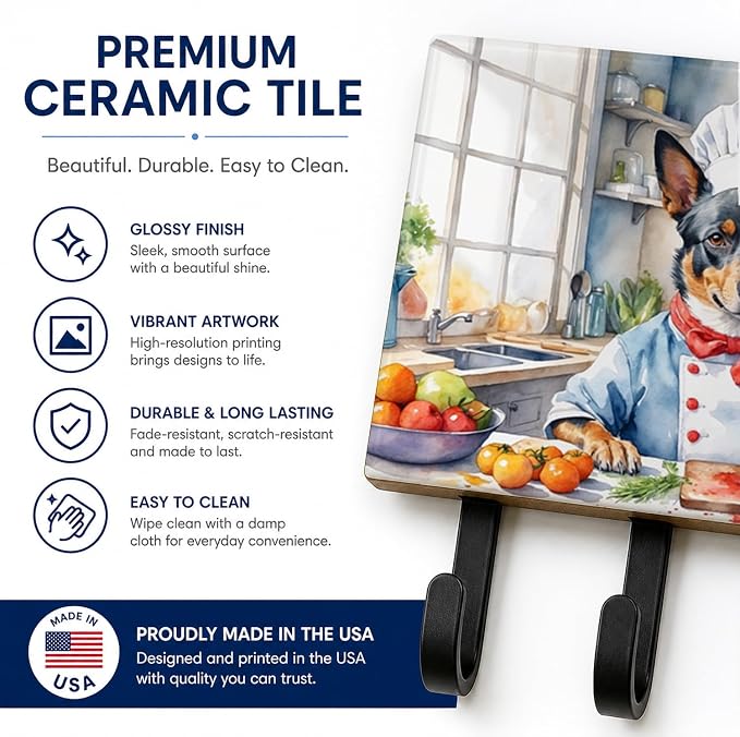 Caroline's Treasures Australian Cattle Dog The Chef Leash or Key Holder Wall Hooks, Key Hooks Holder, Coat Rack Wall Mount, Coat Hooks, Hooks for Hanging Keys, Towels, Aprons, Leashes | Australian Cattle Dog The Chef artwork on ceramic tile with three ...