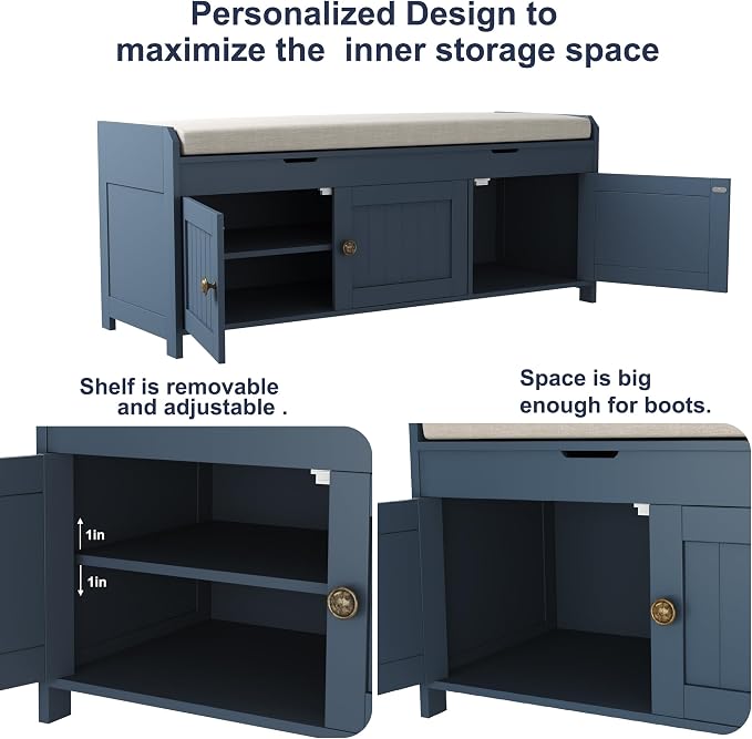 HOMEFORT 41.3" Shoe Bench with Lift Top Storage, Entryway Bench with Cushioned Seat, Wooden End of Bed Bench, Shoe Cabinet Bench with Hidden Storage Space, for Bedroom, Hallway,Blue