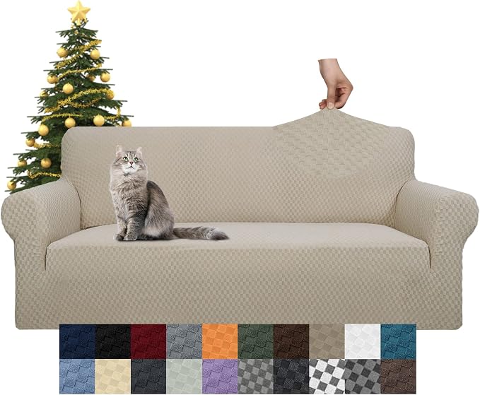 YEMYHOM Couch Cover Latest Jacquard Design High Stretch Sofa Covers for 3 Cushion Couch, Pet Dog Cat Proof Slipcover Non Slip Magic Elastic Furniture Protector (Sofa, Khaki)
