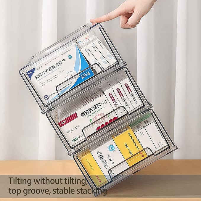 2 Pack - Clear Pulling Medicine Drawer First Aid Kit Box for Bathroom, Cabinet, Closet,Medicine Organizer, Medicine Storage Box Adhesive Bandages Family Emergency Kit (L drawer)