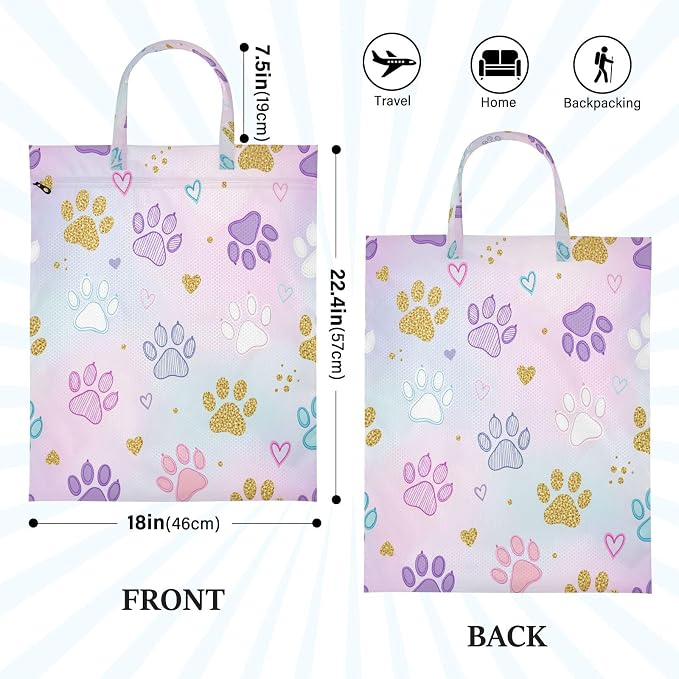 Pets Paw Waterproof Travel Laundry Bag Washable 2-pk | Dirty Clothes Organizer Storage Bag with Handle Zipper for Beach Gym Camping
