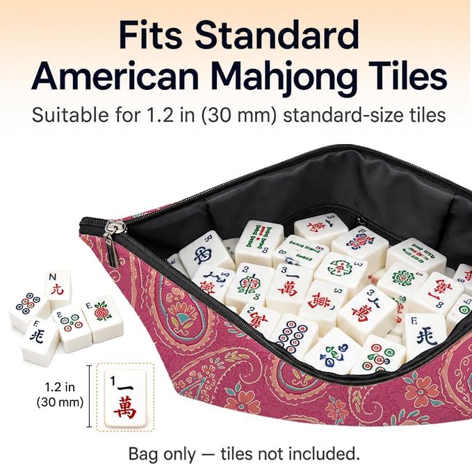 Preppy Hot Pink Paisley Empty Mahjong Tile Bag 13x7.8 Inch, | Boho Floral Printed Portable Travel Case Organizer Zipper Pouch for American Mahjong Tiles Game Night Accessories and Gifts