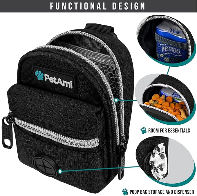 PetAmi Dog Poop Bag Holder for Leash, Waste Bag Dispenser Pet Pouch, Black | Doggy Puppy Walking Accessories Travel Camping, Dog Treat Pouch Supplies Must Have, Doggie Poo, Jogging, Walks