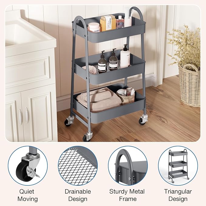 OLIXIS Metal Rolling Storage Utility Cart with Lockable Wheels 3 Tiers | Mobile Organizer Shelf, Space-Saving, Freestanding, Bathroom, Living Room, Slim, Narrow Corner Spaces, Gray