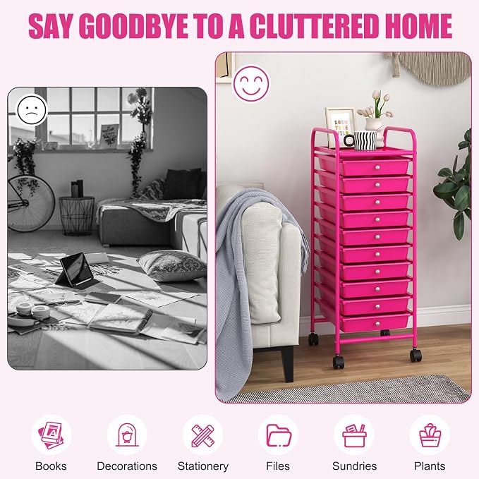 10 Drawer Rolling Storage Cart, Organization Cart on Drawers for Craft Makeup Paper Tool Art Supply, Versatile Utility Cart on Wheels for Home Office Classroom School (Hot Pink)