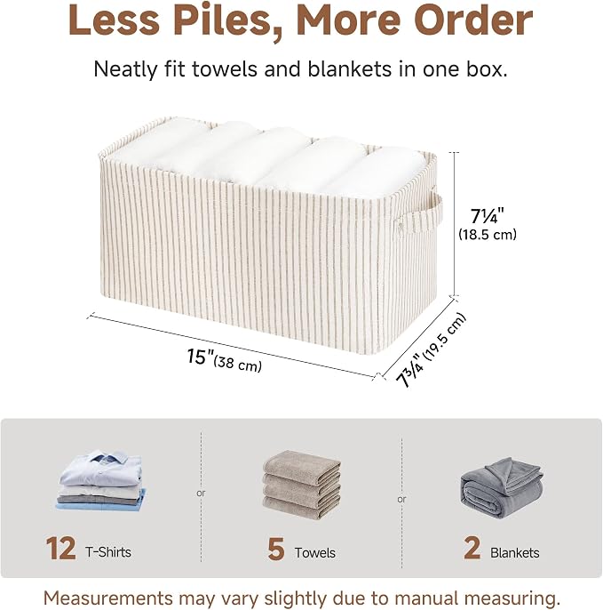 StorageWorks Narrow Storage Bins, Khaki and Beige Stripes, 2-Pack | With Metal Frame, Sturdy Structure, Reinforced Handles, Long Basket for Toilet Paper, For Bathroom, Closet, Shelf