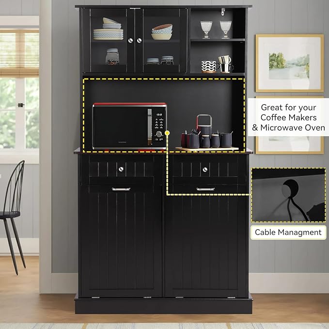 68.4" Kitchen Pantry Storage Cabinet, Freestanding Cupboard with Shelf, 2 Drawers and 2 Tilt Out Trash Cabinet, Tall Cabinets for Kitchen, Dinning Room, Living Room (Glossy Black, Double Tilt)