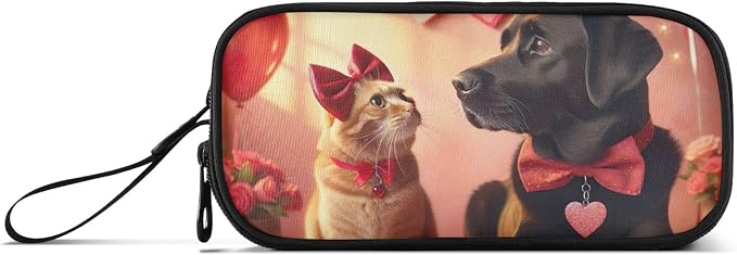 Valentine Love Pets Cat Dog Big Pencil Pouch Zipper Pencils Case Cute Pen Marker Bag for Girls Art Print Storage Pencil Bags Stationery Kids Organizer School Supply