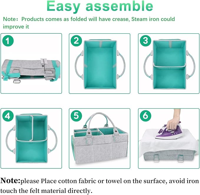XUANGUO Large Baby Diaper Caddy Organizer, Felt Basket with Handles, Green | Nursery storage bin with dividers; portable tote bag for baby stuff, changing table or car, baby shower and registry gifts.