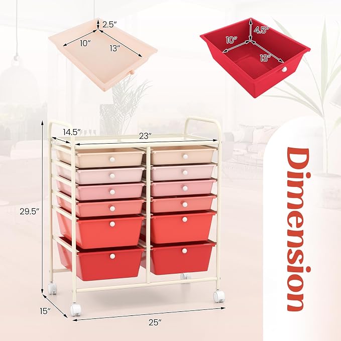 12 Drawer Rolling Storage Cart, Art Cart Organizer on Wheels, Mobile Utility Cart with Drawers, Multipurpose Craft Drawers for Home Office School Classroom (Mixed Pink)