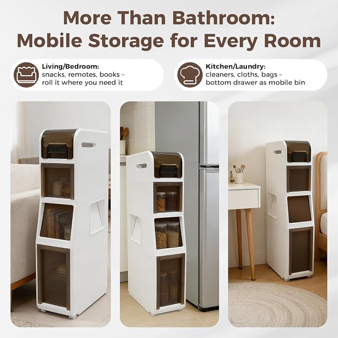 Slim Bathroom Storage Cabinet with Trash Can, Narrow Movable Waterproof Bathroom Floor Cabinet with Toilet Paper Holder for Bathrooms Toilet (15.1 * 6.9 * 31.5in)