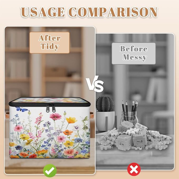 Pardick Storage Bin Wildflorals Flower Storage Baskets with Zipper Lid & Handle Foldable Closet Shelf Cloth Organizer Basket Cube Bins Clothes Organizer for Nursery, Bedroom
