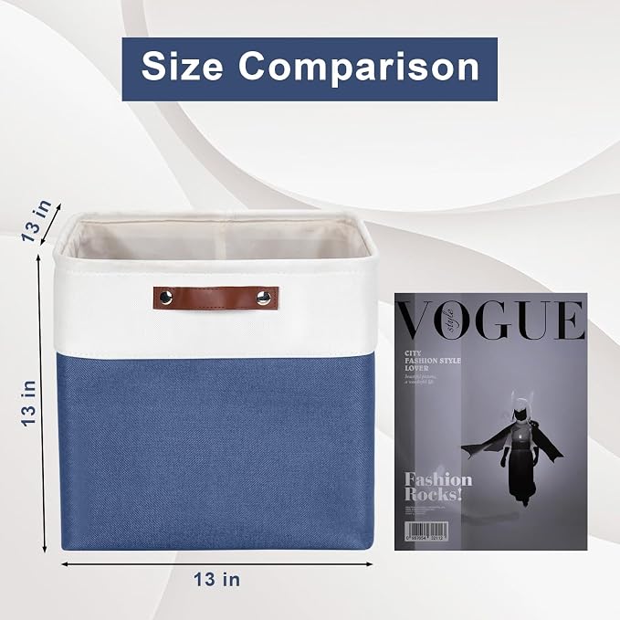 Bagnizer 13x13 Cube Storage Bins, Collapsible Fabric Storage Box, 4 Pack Closet Baskets with Handles for Organizing, Shelf, Toys, Clothes, Home, Office, Nursery (NavyBlue&White)