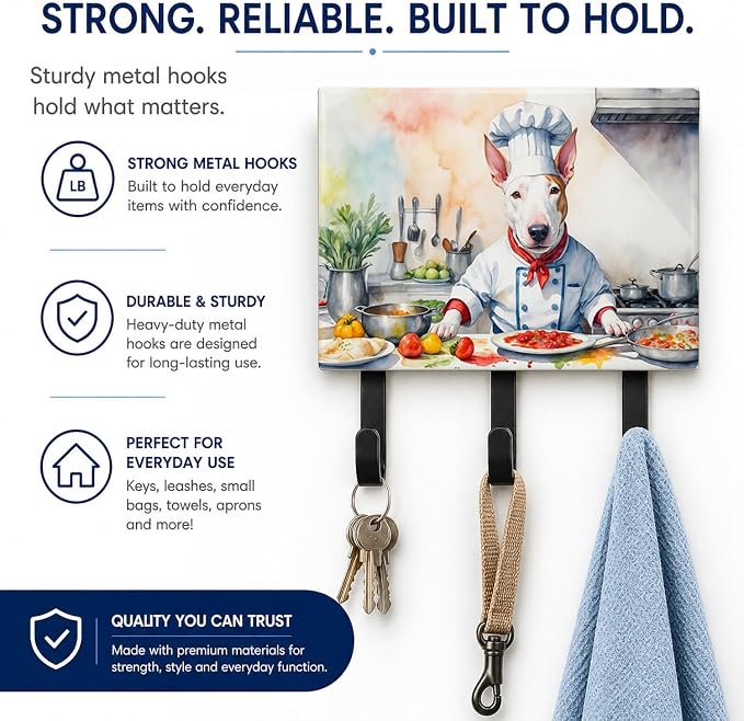 Caroline's Treasures Bull Terrier The Chef Leash or Key Holder Wall Hooks, Key Hooks Holder, Coat Rack Wall Mount, Coat Hooks, Hooks for Hanging Keys, Towels, Aprons, Leashes | Bull Terrier The Chef artwork on ceramic tile with three steel hooks for ke...