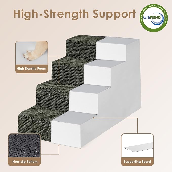 EHEYCIGA Dog Stairs for Bed 20" H, 4-Step Extra Dog Steps, Military Green | Pet Steps for Small Dogs and Cats for High Bed, Non-Slip Balanced Pet Ramp Indoor