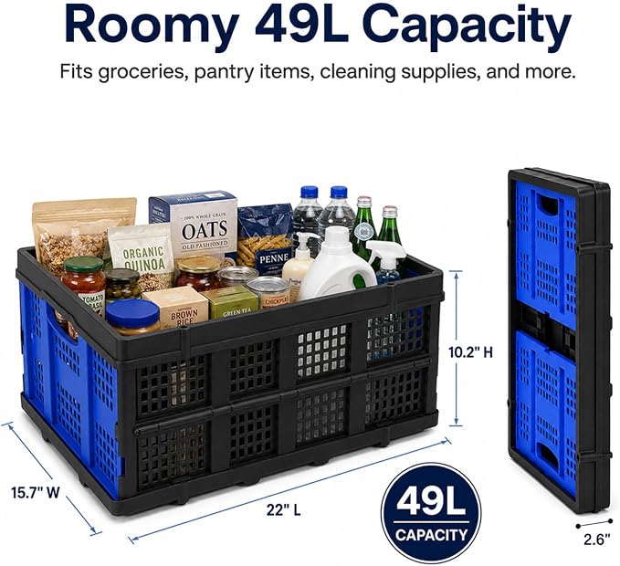 49L Collapsible Storage Crates, Stackable, Blue, 2 Pack | Heavy-duty foldable utility bins for trunks, garages, groceries, camping and moving; fold flat to 2.6 in.