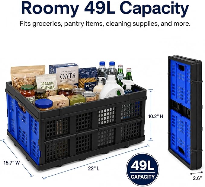 49L Collapsible Storage Crate, Stackable, Blue, 1 Pack | Heavy-duty foldable utility bins for trunks, garages, groceries, camping and moving; fold flat to 2.6 in.
