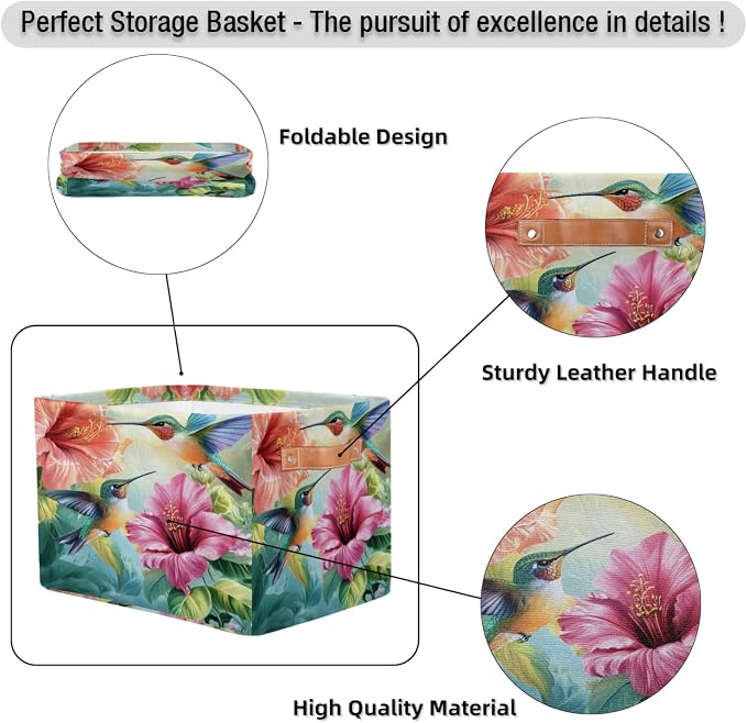 Hummingbirds Storage Baskets with Handles Fabric Storage Boxes Collapsible Nursery Basket for Shelf Book Cloth 15 X 11 X 9.5 IN Closet Organizer Bins