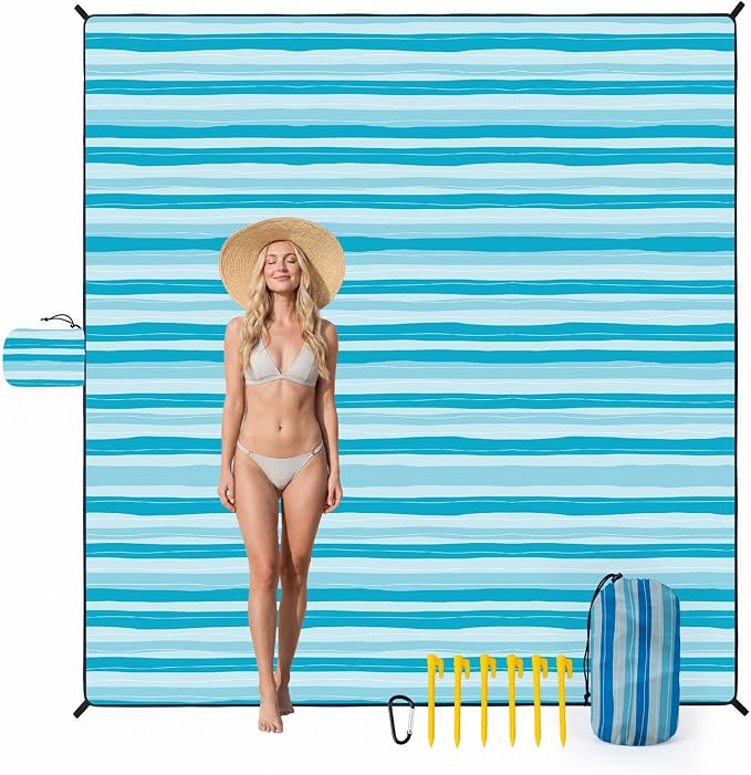 OIGAE Beach Blanket Waterproof Sandproof Oversized Beach Mat | Picnic Mat with Stakes, Storage Bag - Essentials for Outdoor Beach, Picnic,Quick-Dry Lightweight,Windproof Pockets