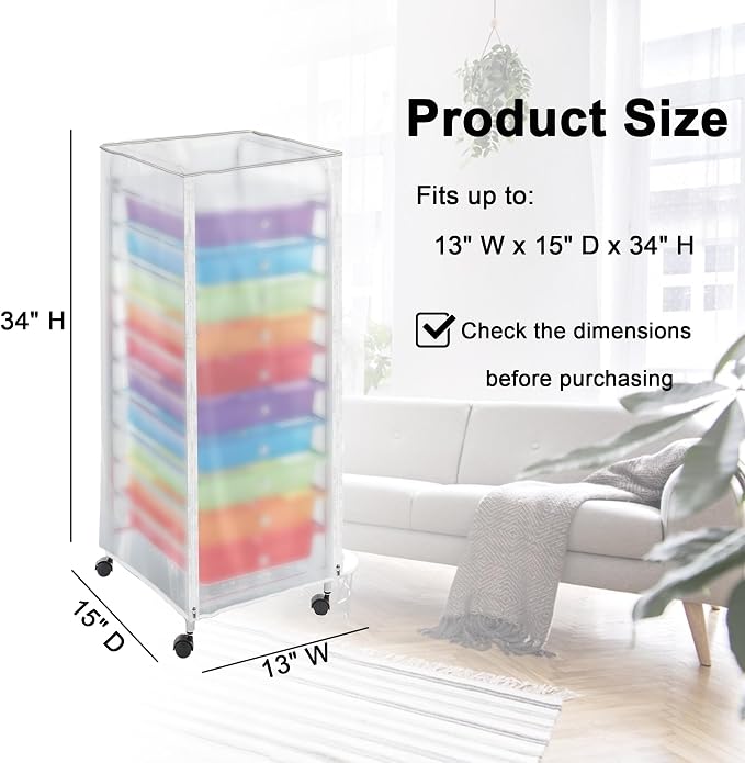 Utility Cart Cover Frosted PVC 10 Drawer Cart Cover with Zipper Access | Semi-transparent frosted PVC, roll-up panel, top buckle straps, dual zippers, inner fastening straps, dust protection