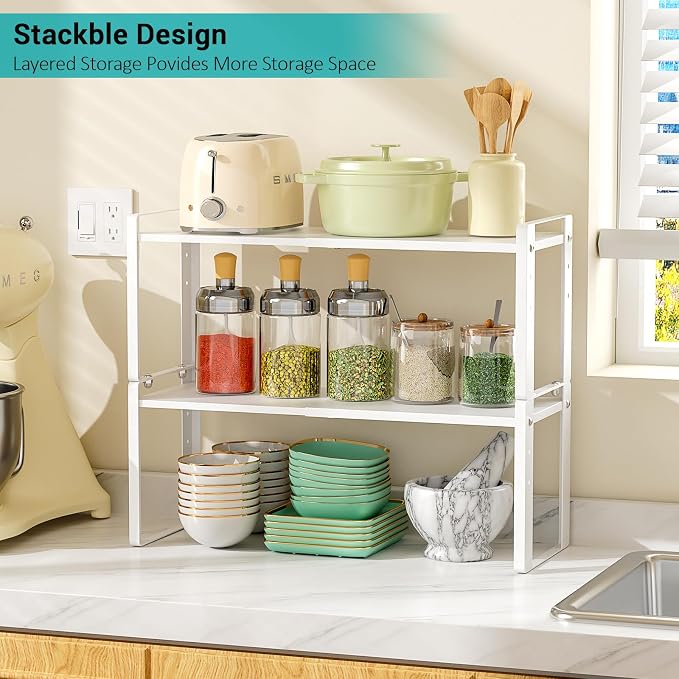2 Pack Expandable Cabinet Organizer Shelves, 88lbs High Weight Capacity, Stackable Heavy-Duty Metal Storage Rack, Adjustable Cabinet Shelf for Kitchen, Pantry, Cupboard, Under Sink, White