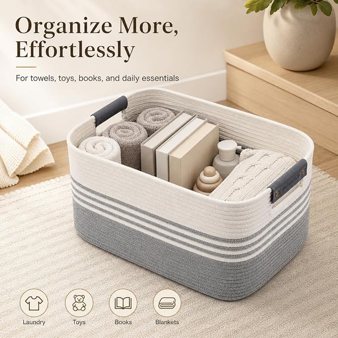 Cotton Rope Laundry Basket Small, 12.8GAL Collapsible Woven Storage Baskets for Living Room Kids Toys Stuffed Animal,Boho Rectangular Decorative Short Hamper for Dirty Clothes, Blankets White Grey