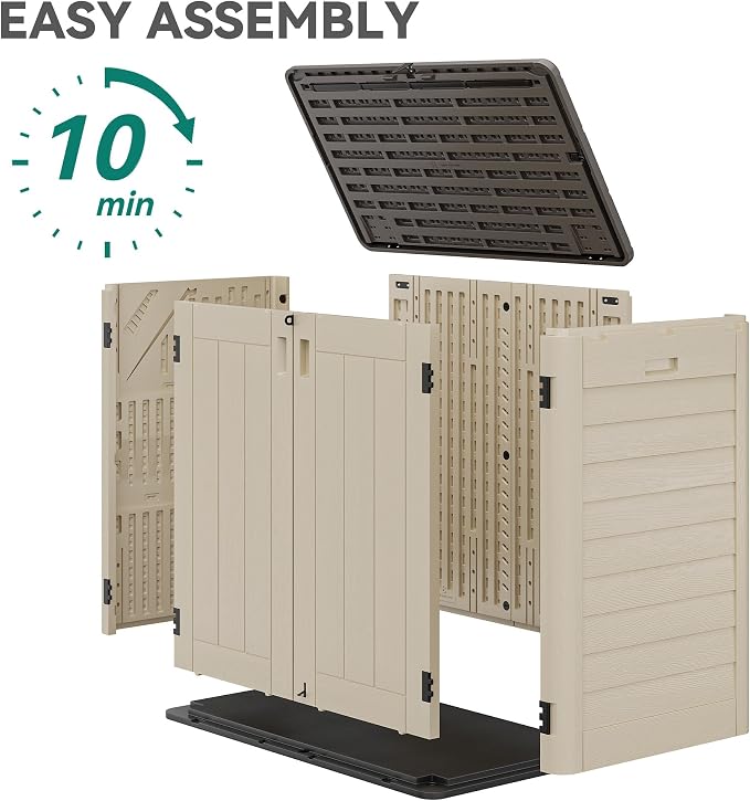 YITAHOME 30 CuFt Outdoor Storage Shed with Shelf, Horizontal Storage Cabinet for Garden Tool, Waterproof Outdoor Storage Shed for Garage, Resin Pool Storage, Easy to Assemble, Khaki & Brown