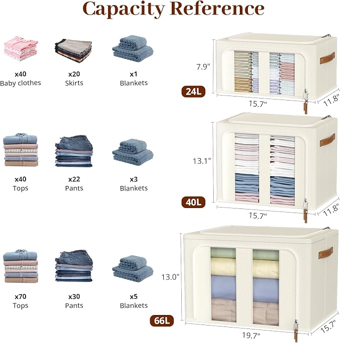 Clothes Storage Bins with Metal Frame, 2-Pack foldable storage bins with Lid, Closet Organizer for Sweaters, Blankets, and Winter Clothes,40L