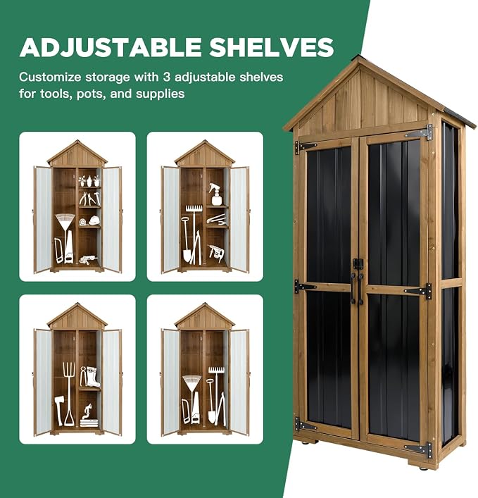 Ketive Outdoor Storage Cabinet, Wood & Metal Storage Shed with Weather-Resistant Roof, Adjustable Shelf, Lockable Doors & Adjustable Feet, for Garden, Patio, Backyard, 27.5" x 13" x 67"