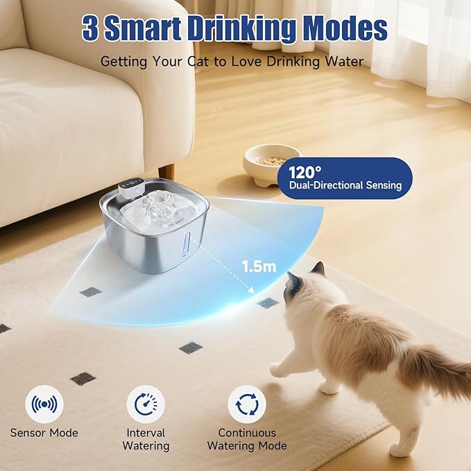Pawinner Cat Water Fountain Cordless with 2 Filters & 2 Sponges, 108oz/3.2L Wireless Pet Water Fountains for Cats, Ultra Quiet Pump, Battery Operated Cat Drinking Fountain with Motion Sensor