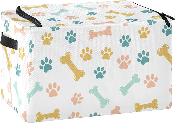 Pet Paw White print Under Bed Storage Containers with Double Zipper Openings, Foldable Clothes Storage Bins with Clear Window and Handles for Comforters Bedding Blankets