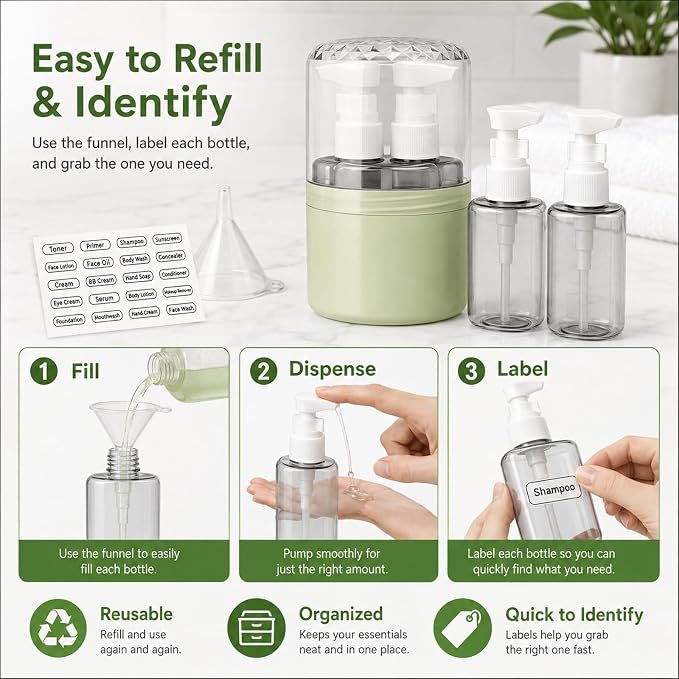 2-in-1 Travel Dispenser with 2 x 100 mL Bottles, Green | 2 refillable 100 mL bottles, pump , included label stickers, compact design for toiletries, travel, gym