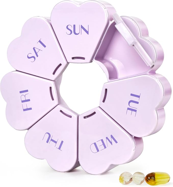 MOLN HYMY Large Weekly Pill Box 7 Day, Cute Pill Case Organizer 1 time a Day, Floral Pill Container Once Daily, Pretty Medicine Dispenser for Vitamin/Fish Oil/Medication/Supplements (Purple)