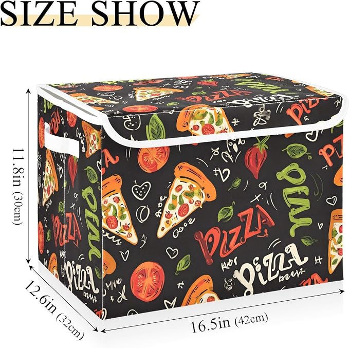 Pizza Fabric Storage Bins with Lid Large Organizer Containers 40L Baskets | Decorative Storage Boxes, Dust-Proof Flip Top, Reinforced Handles, For Home & Bedroom, Clothes & Toy Box, Oxford Fabric Print