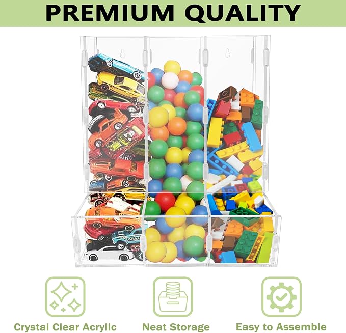 Montex Acrylic Wall Toy Dispenser, Acrylic Wall Storage, (Triple Compartment) Hanging Organizer and Storage Bin for Playroom, Blocks, Cars, Balls, Snacks