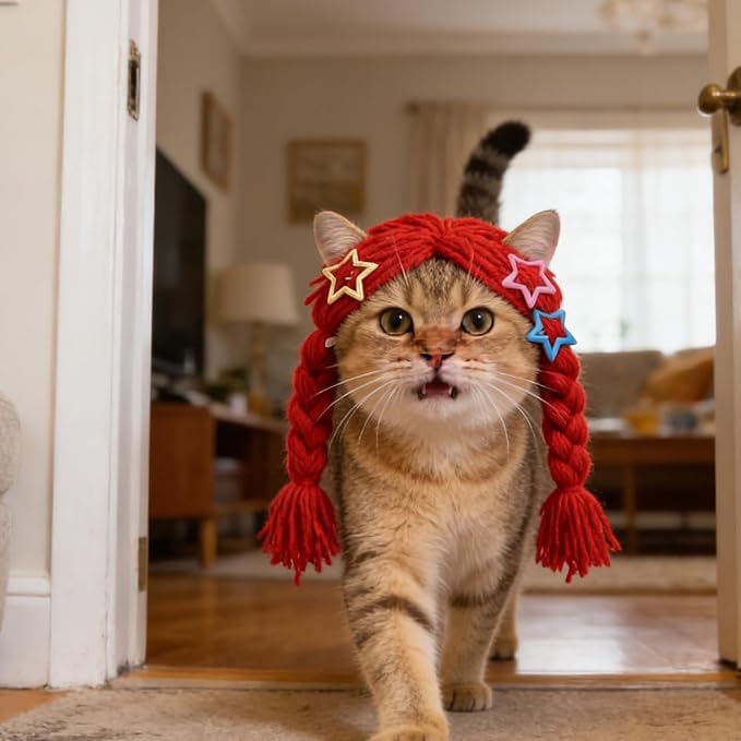 Funny Cat Braids Wig with Red Yarn and Bows, Comfortable Fit and Washable Pet Costume Accessory for Holiday Celebrations and Cat Selfie Props