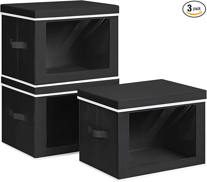 Storage Bins with Lids, 3 Pack Large Storage Cubes with Window, Closet Bins with Lids & Handles, Fabric Box for Organizing Clothes, Towels, Books, Black