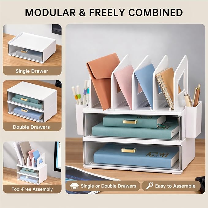 CiWiVOKi Desk Organizer with 4 File Slots and 2 Drawers, White | Desktop organizer with dual pen holders for storing files, mail, notebooks and office supplies in home or office use