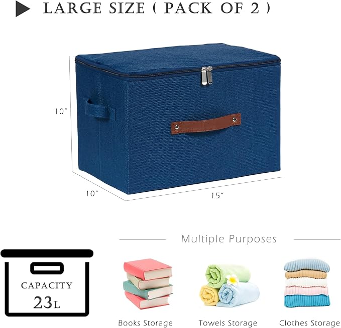 2PCS Storage Bins with Zipper Lids Decorative Lidded Basket Box | Clothes Container, Closet Shelf Organizer, Foldable Washable, Cotton Linen Fabric, w/ PU Leather Handles, Deep Blue, Large