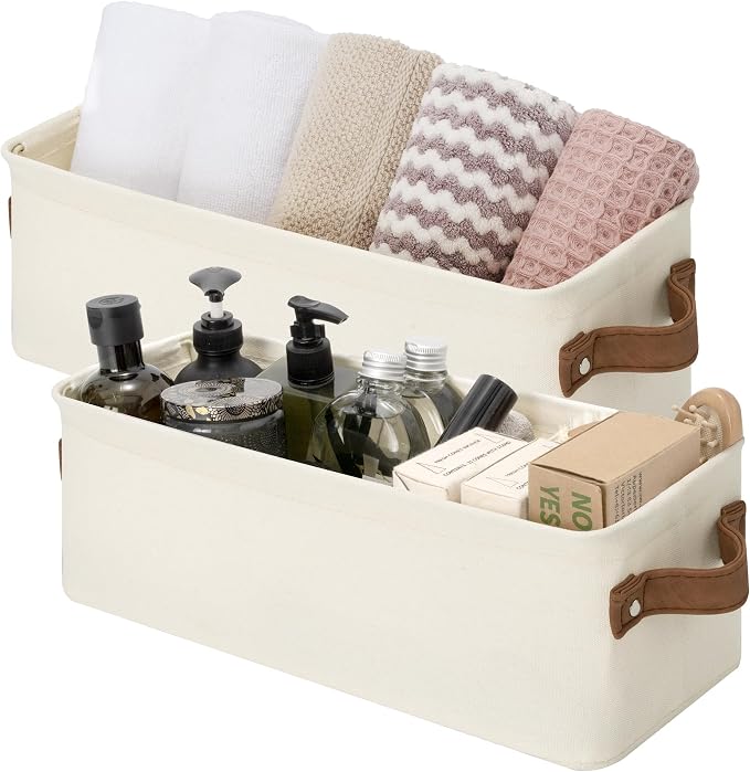 StorageWorks Narrow Storage Bins, Toilet Paper Storage, Natural, 2-Pack | With Metal Frame, Sturdy Structure, Reinforced PU Handles, Toilet Paper Storage, Small Baskets for Bathroom, Closet, Shelf