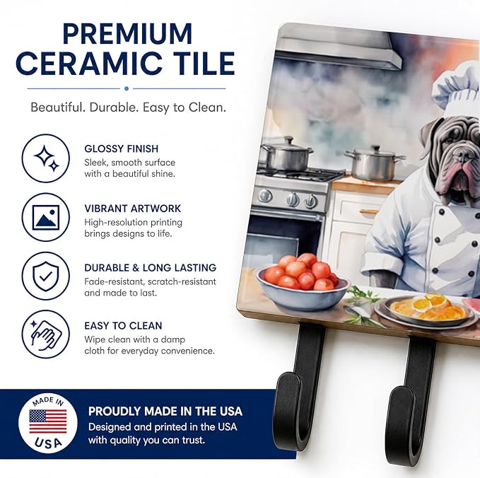 Caroline's Treasures Neapolitan Mastiff The Chef Leash or Key Holder Wall Hooks, Key Hooks Holder, Coat Rack Wall Mount, Coat Hooks, Hooks for Hanging Keys, Towels, Aprons, Leashes | Neapolitan Mastiff The Chef artwork on ceramic tile with three steel ...