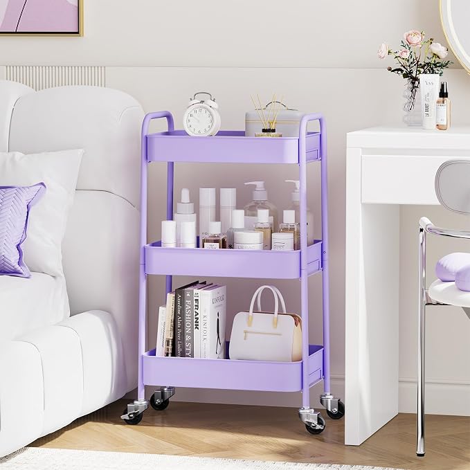 TOOLF 3 Tier Metal Rolling Cart, Utility Storage Cart with Wheels, Purple | Screwless Assembly, Lockable Metal Wheels, Trolley Organizer for Bathroom, Kitchen, Office, Dorm, Laundry, Craft Room