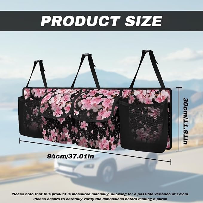 Dreaweet Pink Cherry Blossom Trunk Organizer for Car Women Collapsible Trunk Hanging Organizer Backseat Bag Car Storage Accessories Interior with 2 Pockets & 2 Mesh Pouches for Groceries