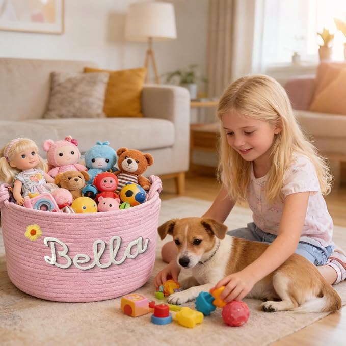 Personalized Dog Toy Storage Basket with Pet Name Custom Woven Storage Basket Cotton Rope Basket Large Capacity Organizer Bin