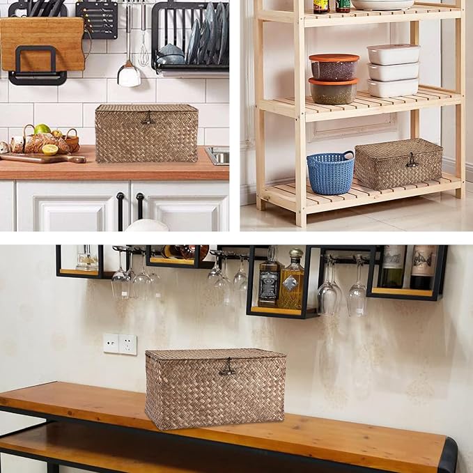 Hipiwe Wicker Shelf Baskets Bin with Lid Large Handwoven Basket Box, Coffee | Natural Seagrass Storage Baskets, Rectangular Household Basket Boxes for Shelf Wardrobe Home Organizer