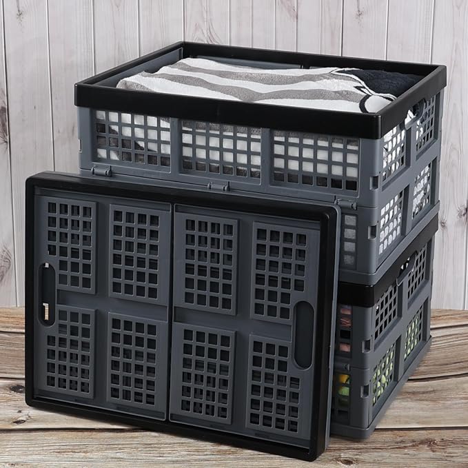 Folding Storage Crate 34 L, Collapsible Milk Crate 3 Packs, Grey