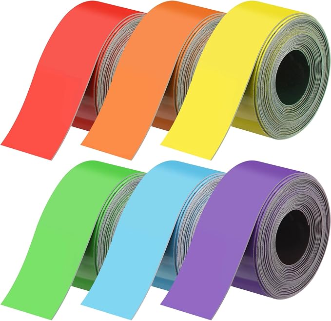 6 Pcs Dry Erase Magnetic Tapes for Classroom Colored Rainbow Adhesive Magnetic Strips Blank Sticky Labels Writable Sheet for Back to School Whiteboard Refrigerator DIY(1 in X 9.8 ft,Classic)