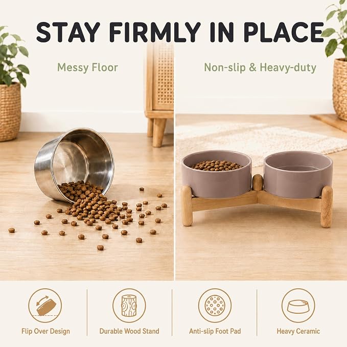 Havniva Ceramic Dog Bowls Elevated, Raised Dog Food Bowl for Puppies | 5.1” Elevated Dog Bowls, Non-Slip Wood Stand, Dog Food and Water Bowl Set, Dog Feeding Dish, Large Capacity Pet Water Bowl