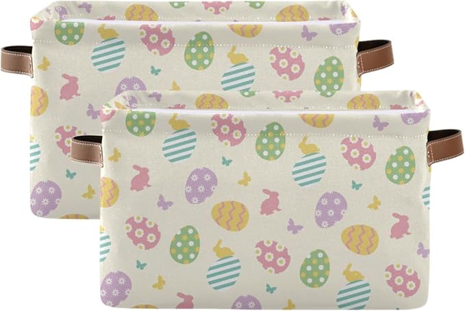 Easter Eggs Cute Storage Basket with Waterproof Liner and PU Handles Happy Easter Day Bunny Rabbit Butterfly Storage Bins Boxes 14.2" Collapsible Decorative Organizer Baskets for Bedroom Closet 2 Pack