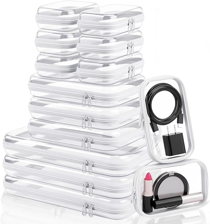 15 Pack Clear Hard Shell Zipper Case with 40 Labels, X-Large/Medium/Small Stackable Clear Pouches, Crush-resistant Travel Toiletry Bag Organizer for Makeup Board Games Electronics (White)